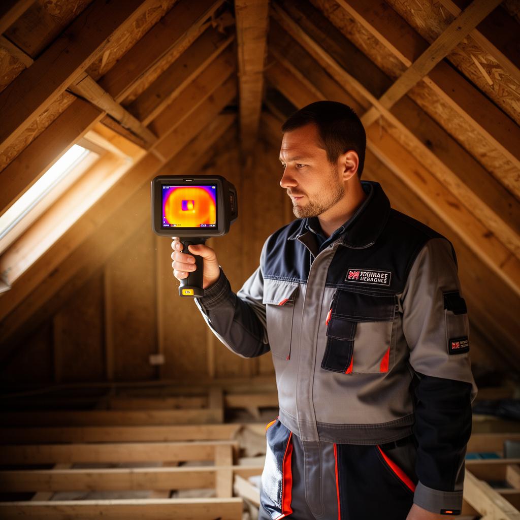 Home Insulation GB surveyor using a thermal imaging camera in a loft